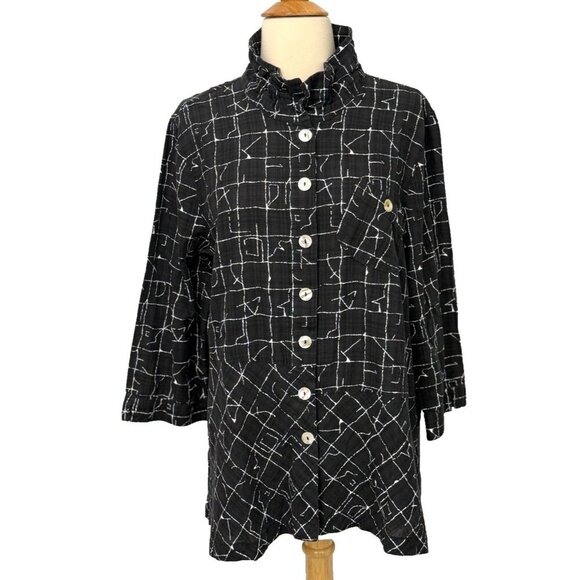 John Mark Artsy Blouse Black White Button Down Wire Collar Pockets Casual Size L - Picture 1 of 9
